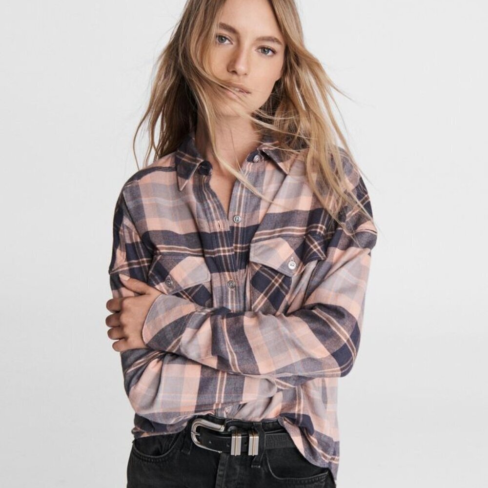 Rag & Bone Cruz Shirt Classic Fit Pink Plaid Flannel